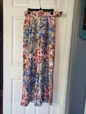 Jennifer & Grace Floral Wide-leg Pants Belted Pockets Spring Summer Bohemian Med